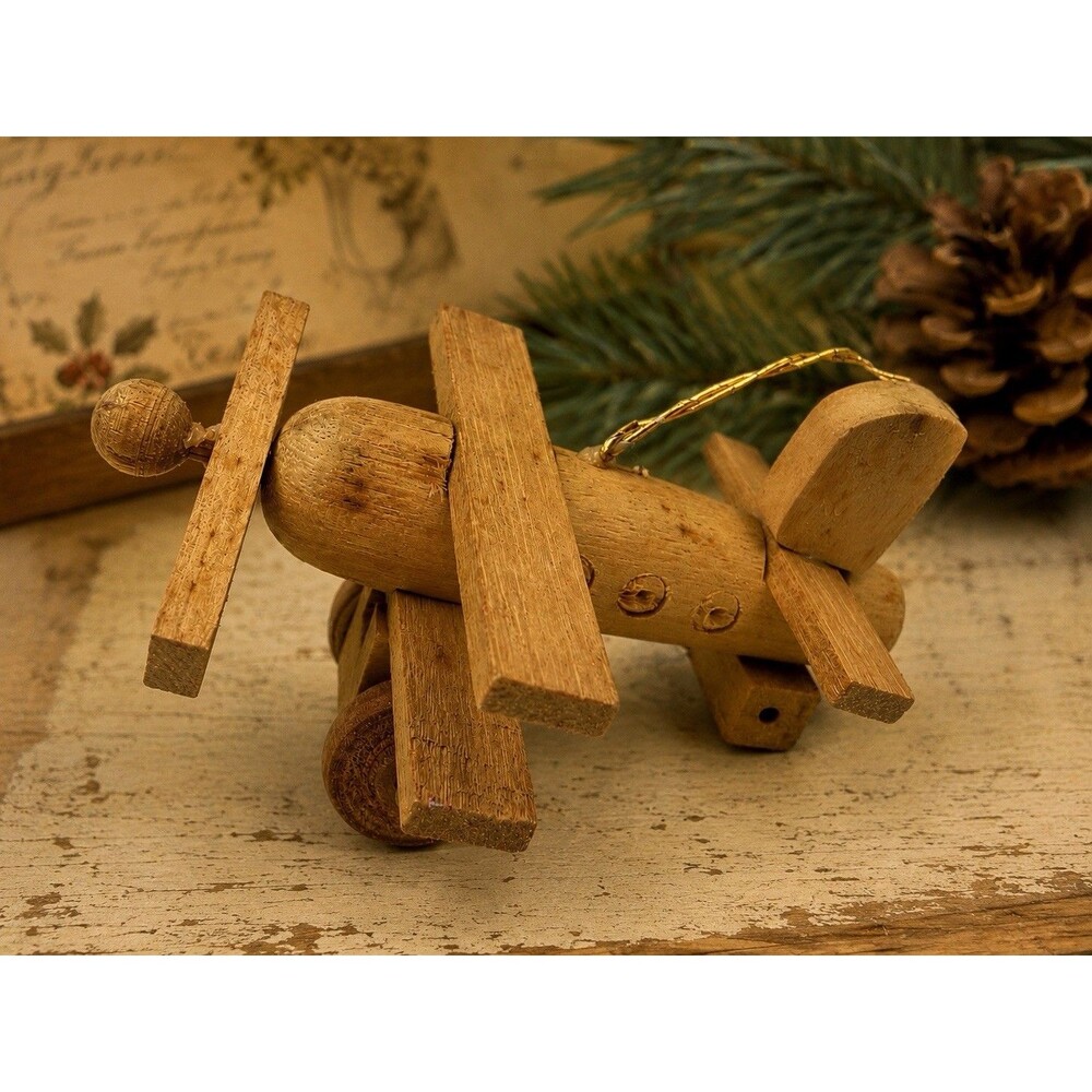 Vintage Wooden Airplane Christmas Ornament Folk Art Propeller Plane Handmade 3”